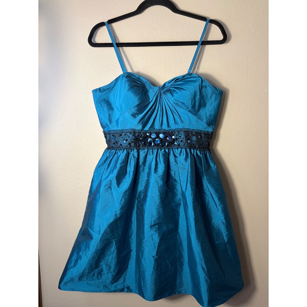Adrianna Papell Teal Blue Taffeta Beaded Cocktail Dress Size 12 Fit Flare Pocket